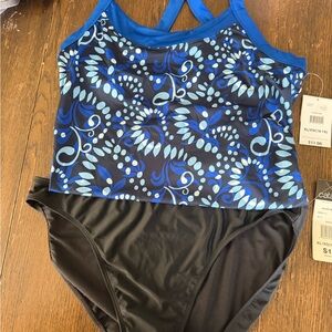 Catalina Blue Floral Print Tankini Top with Black Bottoms